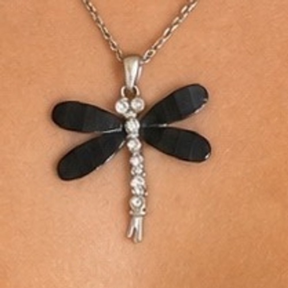 Silver Tone Dragonfly Pendant Necklace Black Resin Wings Clear Rhinestone Acemts
